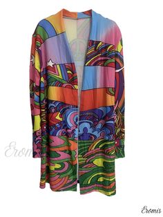 Eromis - Introducing a Stylish and Versatile Spring and Fall Cardigan - Womens Graphic Print Open Front Long Sleeve Cardigan Fitted Multicolor Open Front Outerwear, Colorful Long Sleeve Outerwear For Summer, Summer Retro Long Sleeve Cardigan, Colorful Long Sleeve Summer Outerwear, Multicolor Long Sleeve Cardigan For Festival, Multicolor Long Sleeve Summer Cardigan, Multicolor Long Sleeve Festival Cardigan, Festival Multicolor Long Sleeve Cardigan, Multicolor One Size Open Front Outerwear