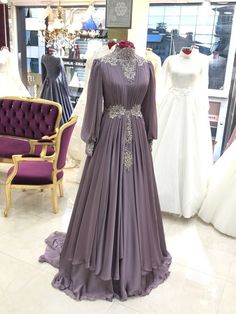 Modest Muslim Formal Occasion Dresses Long Sleeves Islamic Purple Chiffon Dress For Wedding, Purple Chiffon Wedding Dress, Elegant Purple Chiffon Gown, Purple Chiffon Evening Dress, Chiffon Long Sleeve Evening Gown, Long Sleeve Organza Dress For Ceremony, Purple Georgette Evening Dress, Floor-length Georgette Evening Gown, Purple Georgette Formal Dress