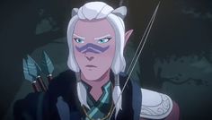 an animated character with white hair and blue eyes holding two arrows in his hand, looking at the camera