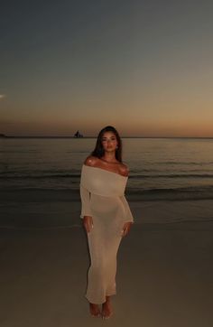 a woman standing on top of a sandy beach next to the ocean at sunset or dawn