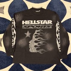 Hellstar Sports Black Logo Longsleeve T-Shirt Men’s Size Large Sportswear Long Sleeve T-shirt With Graphic Print, Urban Style Long Sleeve Washed Black Tops, Gray T-shirt For Winter Streetwear, Gray Winter T-shirt For Streetwear, Sporty Washed Black Top With Graphic Print, Black Sportswear Tops For Casual Wear, Washed Black Long Sleeve Top With Letter Print, Sportswear Long Sleeve T-shirt With Logo Print, Gray Sportswear Top For Streetwear