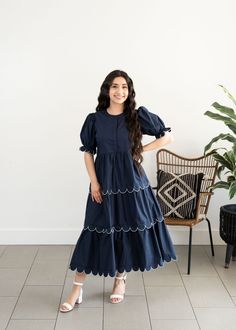 Navy Scalloped Edge Dress – Le Blush Bow Tiered Dress Casual, Kalamkari Dresses, Clothing Closet, Simple Frock Design, Stylish Kurtis Design, Ruffle Tiered Dress, Teacher Wardrobe, Simple Frocks, Modest Outfit