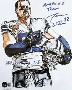 an autographed drawing of a football player holding a helmet and wearing blue gloves