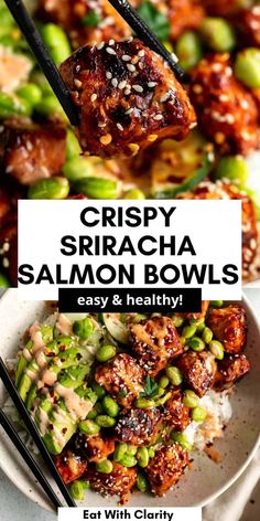 crispy sriraca salmon bowls with chopsticks in them and the title says easy & healthy