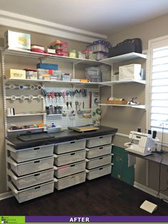 an organized craft room with lots of storage