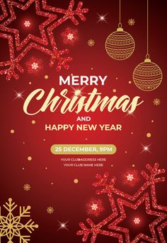 merry christmas and happy new year flyer with red background, gold snowflakes and stars