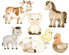 the farm animals are painted in watercolor and have brown, white, and tan colors