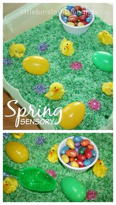 an easter table with plastic eggs and chicks