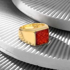 OTTASILVER 18K Gold Basic Ring with Red Zircon Red Rectangular Rings With Polished Finish, Rectangular Red Rings With Polished Finish, Red Rectangular Ring With Polished Finish, Red Rectangular Jewelry With Polished Finish, Red Square Cut Gemstone Jewelry, Fine Jewelry With Red Rectangular Stone, Fine Jewelry Red Rectangular Rings, Red Square Cut Jewelry For Gift, Red Square Cut Jewelry Gift