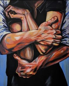 a painting of two people holding each other with their hands on their chest and arms around them