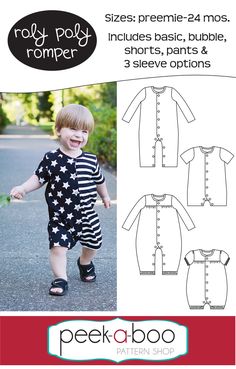 a child's shirt and shorts sewing pattern with an image of the baby romper