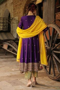 Purple anarkali with all over embroidery using zari, dori, resham and tikki work. Paired with a mint green salwar with floral embroidered border and contrast dupatta. - Aza Fashions Purple Anarkali, Contrast Dupatta, All Over Embroidery, Women Kurta, Embroidered Border, Silk Embroidery, Set Women, Full Sleeves, Embroidered Silk