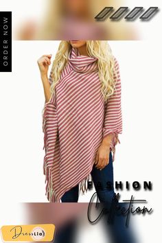 High Collar Batwing Tassels Pullovers Poncho Top Casual Winter Poncho With Tassels, Casual Pink Poncho For Fall, Winter Long Sleeve Tops With Tassels, Trendy Fringe Tops For Winter, Cowl Neck Poncho, Turtleneck Poncho, Shawl Sweater, Cape Sweater, Knit Outerwear