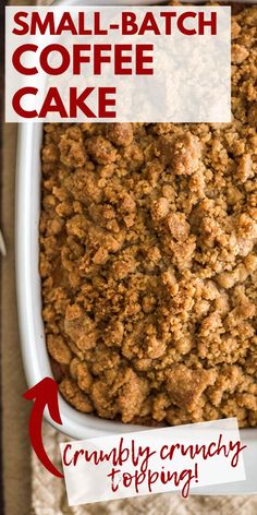 small batch coffee cake in a white baking dish with a red arrow pointing to the bottom