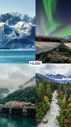 four different pictures with mountains and water in the foreground, one showing snow covered mountains