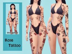 an image of a woman with tattoos on her body and in a bathing suit that has roses all over it