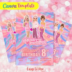 three birthday party flyers with barbie dolls on them