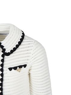 white cotton cardigan cotton blend open knit embossed gold-tone buttons large Peter Pan collar contrasting trim two front button-fastening jetted pockets long sleeves scallop hemComposition: Cotton, 100% Crochet Chanel, White Cotton Cardigan, Barbour Steve Mcqueen, Chic Party, Kenzo Kids, Steve Mcqueen, Cotton Cardigan, Stella Mccartney Kids, Gorgeous Bags