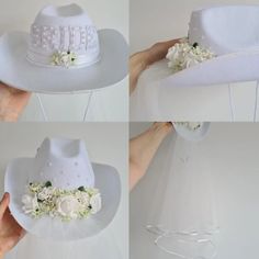 four pictures of a white hat with flowers on the brim and ribbon around the brim