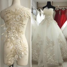 two dresses on mannequins, one in white and the other in red