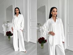 Stunning silk pant suit. White milky satin suit with shirt and pants. Wide leg silk jumpsuit. Bridesmaids silk pant suit. Material: Silk+Polyester Colours: Black, White, Royal Blue SIZE/LENGTH: XS-M, L-XL  Pants- length 112 cm , shirt length- 75 cm Model on the Foto Creme Beige colour: 170 cm-5.57 feet , S size We can customize length for you as well. PRODUCT CARE  - It is recommended to handwash 30oC. -twist carefully  Feel Free to Ask Any Question about Sizing and Fit. FREE DELIVERY WORLWIDE! Silk Two Piece Outfit, Silk Two Piece, Silk Pant Suit, Satin Suit, Silk Pant, Suit White, Silk Jumpsuit, Suit Material, Beige Colour