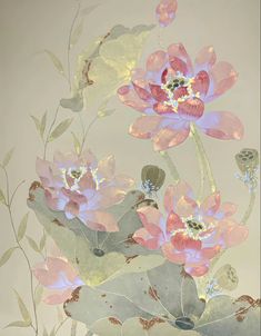 an artistic painting with pink flowers and leaves