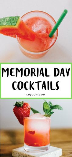 two cocktails with strawberries in them and the words memorial day cocktails