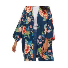 -Knee Length Jacket In Thick, Woven Fabric With A Printed Pattern. -Dark Blue/Orange/Green/Pink Floral -Dropped Shoulders -3/4 Length Sleeves -Length Approx. 36" -Discreet Side Seam Pockets -Unlined Bin 19 Gilet Kimono, Knee Length Jacket, Patterned Jacket, Floral Kimono Cardigan, Knee Length Coat, Kimono Floral, Mode Kimono, Linen Top Women, Women Blouses Fashion