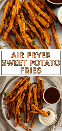 air fryer sweet potato fries on a plate with dipping sauce