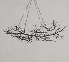 a chandelier with branches hanging from it's sides in front of a white wall