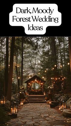 Dark and romantic forest wedding decors with earthy tones, natural elements, and dramatic lighting, perfect for an enchanting ceremony and unique reception. Moody Lighting Wedding, Wedding Color Schemes Moody, Moody Cottagecore Wedding, Moody Woodland Wedding, Dark Woodland Wedding, Dark Forest Wedding Theme, Moody Maximalist Wedding, Sprouse Wedding, Moody Fall Wedding Colors