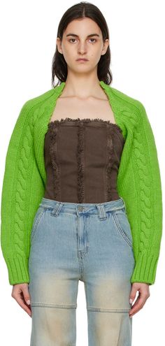 Cable knit wool bolero-style cardigan. Rib knit cuffs. Available exclusively at SSENSE. Supplier color: Green | TheOpen Product SSENSE Exclusive Green Wool Cardigan Bolero Style, Style Cardigan, Green Wool, Faux Fur Jacket, Wool Cardigan, Knit Cuff, Fur Jacket, Luxury Streetwear, Cable Knit