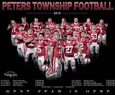 the football team is posing for a photo in front of a black background with red lettering