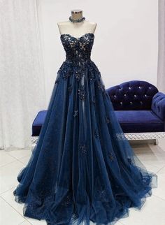 Navy Blue Tulle With Lace Sweetheart Long Formal Dress Outfits For Girls Formal Dress Blue, Dress Blue Long, Blue Long Prom Dress, Renew Vows, Vows Wedding, Navy Blue Prom Dresses, Royal Ball, Long Formal Dress, Marine Uniform