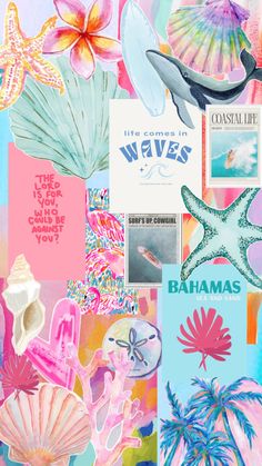 a collage of pink, blue, and green items with the words life seems to waves on them