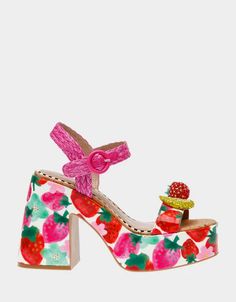 CHEYNE BERRY MULTI Strawberry Print Sandal | Women's Sandals – Betsey Johnson Beaded Fruit, Dream Items, Fashion Masks, Betsey Johnson Shoes, Platform Block Heels, Block Heel Sandals, Strawberry Print, Sweet And Savory, Blue Jewelry