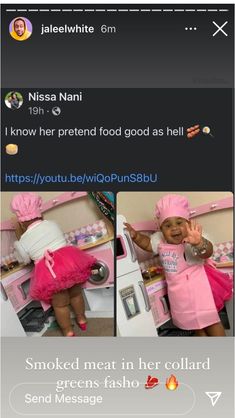 the baby is wearing a pink outfit and posing for a photo in front of an oven