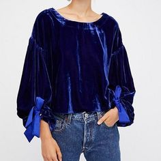 New And Unworn Free People Velvet Blue Gimme Some Lovin' Top Luxe Velvet Top Featuring A Cropped Shape With Volume Sleeves And Femme Bow Accents At The Sleeve Cuffs And Open Back. Dry Clean. Blue Velvet Blouse, Blue Velvet Top, Volume Sleeves, Crushed Velvet Fabric, Velvet Sweatshirt, Velvet Clothes, Balloon Sleeve Blouse, Velvet Blouses, Backless Top