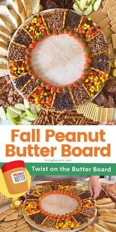 the peanut butter board is decorated with candy and sprinkles