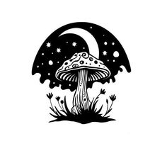 a black and white drawing of a mushroom in the night sky with stars on it