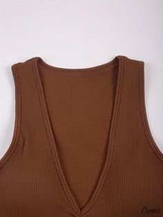 Eromis - Sophisticated Ribbed Crop Tank Top, Elevated Plunging Sleeveless Summer Top for Womens Fashion Summer V-neck Ribbed Vest, Sleeveless Ribbed Brown Top, Ribbed Tank Top For Beach, Ribbed Tank Top For The Beach, Brown Ribbed Sleeveless Top, Ribbed V-neck Vest For Summer, Stretch V-neck Brown Tank Top, Brown Ribbed Sleeveless Tank Top, Fall Care