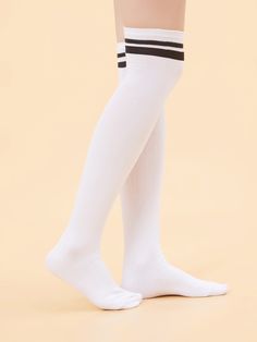 Black and White    Polyester Striped Over the Knee Socks    Women Socks & Hosiery Tall Socks, Striped Tights, Winter Fashion Outfits Casual, Over The Knee Socks, Thigh High Socks, Sock Patterns, Striped Socks, Long Socks, Compression Socks