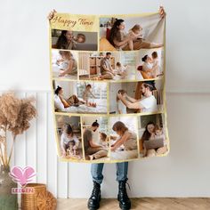 a woman holding up a happy time photo collage