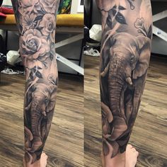 Wild Life Sleeve Tattoo, Elephant Tattoos On Leg, Elephant Jungle Tattoo, Elephant Tattoo Sleeve Women, Elephant And Flowers Tattoo Design, Jungle Tattoo Sleeve Women, Animal Leg Sleeve Tattoo Women, Elephant Tattoos With Flowers Half Sleeves