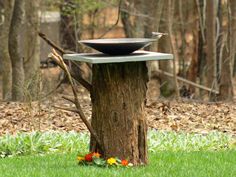 a bowl is sitting on top of a tree stump in the grass with flowers around it