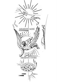 an ink drawing of two doves, one with wings and the other with sun rays