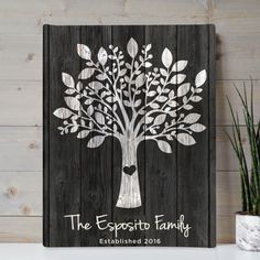 a wooden sign with a family tree on it and the words, the espotto family established 2016