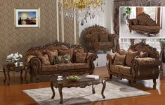 a living room filled with furniture and a chandelier