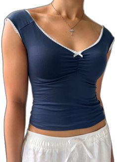 Y2k Sleeveless Top With Lace Trim, Cute V-neck Top With Lace Trim, Fitted Y2k Tops For Summer, Casual Fitted Lace Trim Top, Fitted Casual Tops With Lace Trim, Casual Fitted Tops With Lace Trim, Fitted Lace Trim Top For Summer, Fitted Summer Tops With Lace Trim, Navy Stretch Tops For Summer