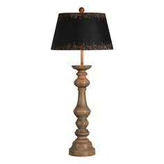 a wooden table lamp with a black shade on the base and a brown lampshade